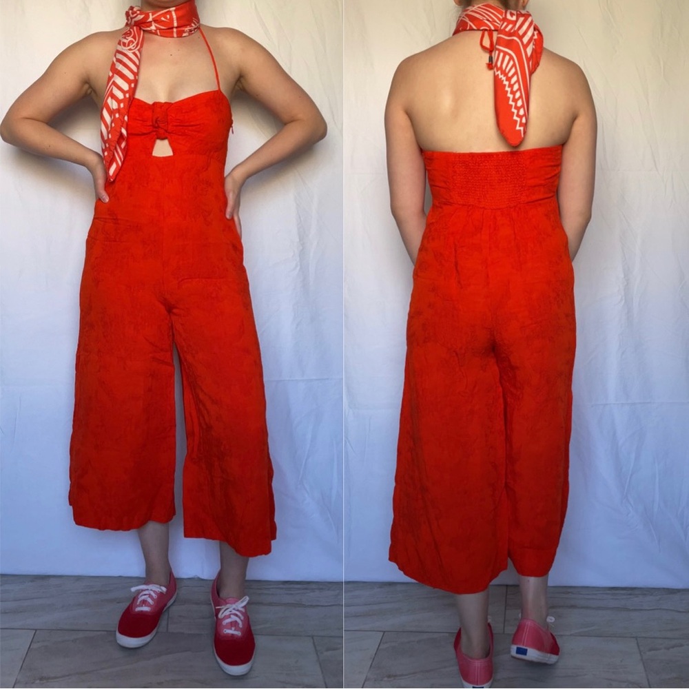 Elevenses | Anthro Bright Orange Tropical Embroidered Petite Jumpsuit
